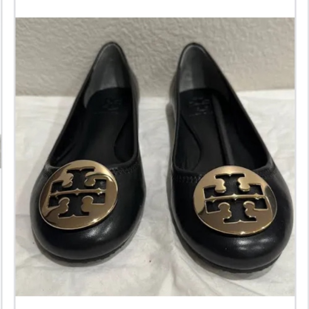 Tory Burch Womens 7.5 Flats Black Nappa Leather Gold Tone Reva Ballet